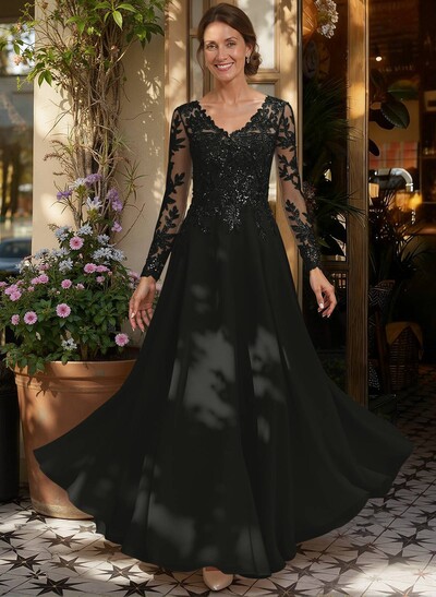 A-Line V-Neck Long Sleeves Floor-Length Chiffon/Sequined Mother Of The Bride Dresses With Sequins