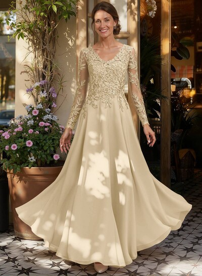 A-Line V-Neck Long Sleeves Floor-Length Chiffon/Sequined Mother Of The Bride Dresses With Sequins