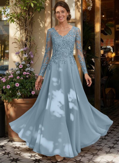 A-Line V-Neck Long Sleeves Floor-Length Chiffon/Sequined Mother Of The Bride Dresses With Sequins