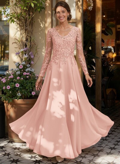 A-Line V-Neck Long Sleeves Floor-Length Chiffon/Sequined Mother Of The Bride Dresses With Sequins