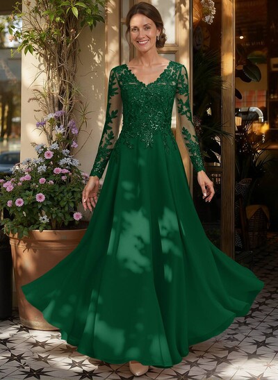 A-Line V-Neck Long Sleeves Floor-Length Chiffon/Sequined Mother Of The Bride Dresses With Sequins