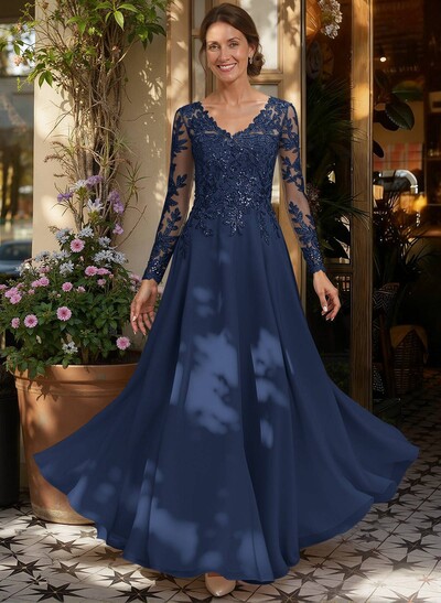 A-Line V-Neck Long Sleeves Floor-Length Chiffon/Sequined Mother Of The Bride Dresses With Sequins