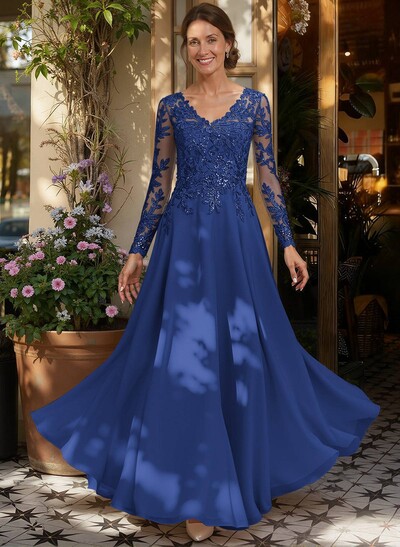 A-Line V-Neck Long Sleeves Floor-Length Chiffon/Sequined Mother Of The Bride Dresses With Sequins