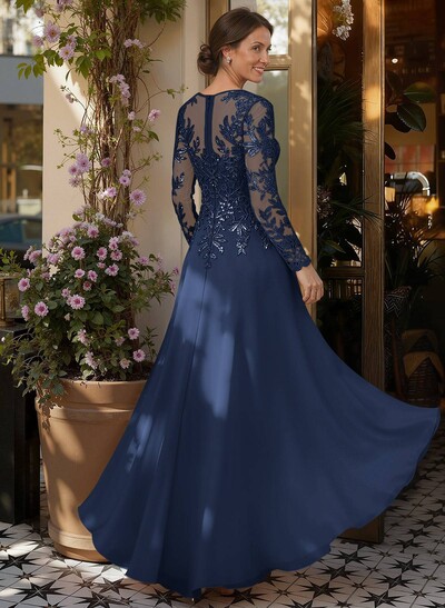 A-Line V-Neck Long Sleeves Floor-Length Chiffon/Sequined Mother Of The Bride Dresses With Sequins