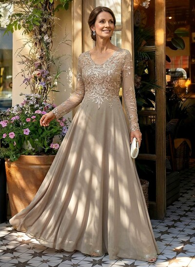 A-Line V-Neck Long Sleeves Floor-Length Chiffon/Sequined Mother Of The Bride Dresses With Sequins
