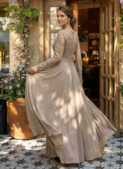 A-Line V-Neck Long Sleeves Floor-Length Chiffon/Sequined Mother Of The Bride Dresses With Sequins