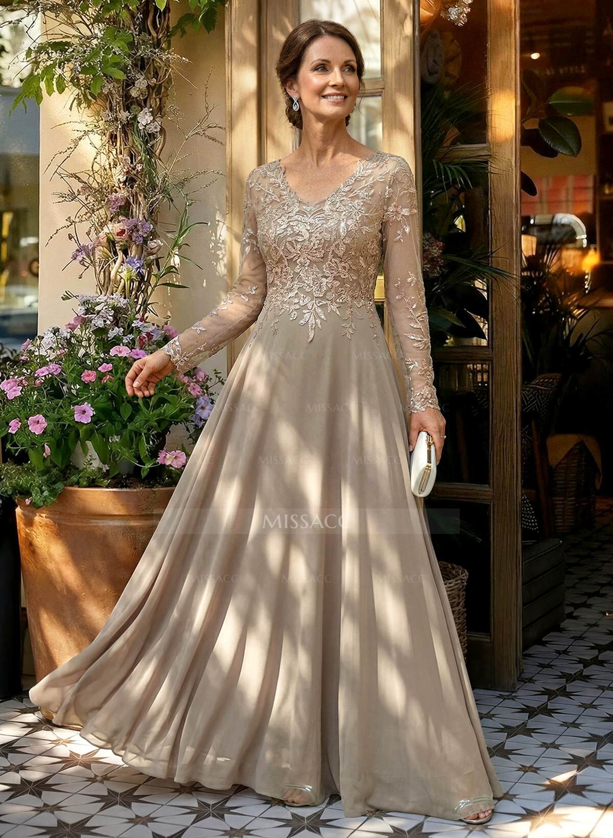 A-Line V-Neck Long Sleeves Floor-Length Chiffon/Sequined Mother Of The Bride Dresses With Sequins