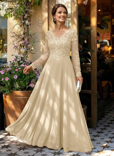 A-Line V-Neck Long Sleeves Floor-Length Chiffon/Sequined Mother Of The Bride Dresses With Sequins