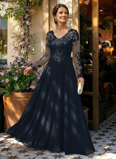 A-Line V-Neck Long Sleeves Floor-Length Chiffon/Sequined Mother Of The Bride Dresses With Sequins