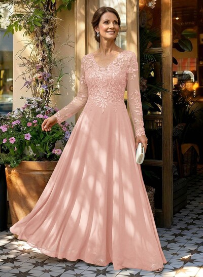 A-Line V-Neck Long Sleeves Floor-Length Chiffon/Sequined Mother Of The Bride Dresses With Sequins