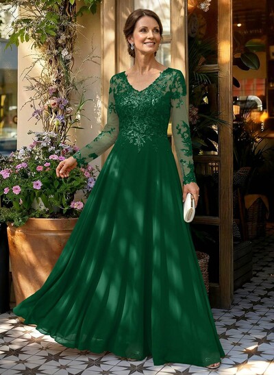 A-Line V-Neck Long Sleeves Floor-Length Chiffon/Sequined Mother Of The Bride Dresses With Sequins