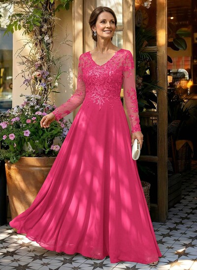 A-Line V-Neck Long Sleeves Floor-Length Chiffon/Sequined Mother Of The Bride Dresses With Sequins