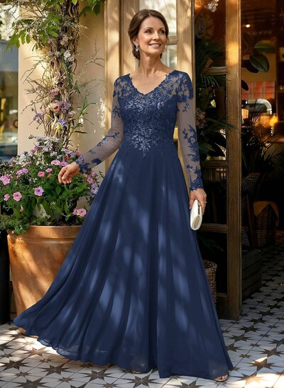 A-Line V-Neck Long Sleeves Floor-Length Chiffon/Sequined Mother Of The Bride Dresses With Sequins