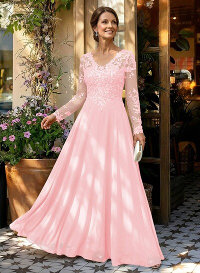 A-Line V-Neck Long Sleeves Floor-Length Chiffon/Sequined Mother Of The Bride Dresses With Sequins