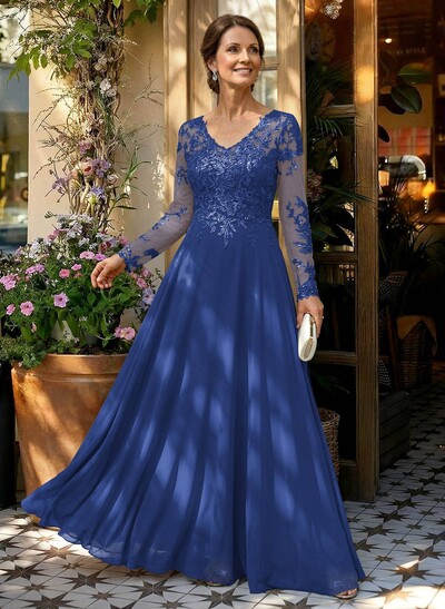 A-Line V-Neck Long Sleeves Floor-Length Chiffon/Sequined Mother Of The Bride Dresses With Sequins