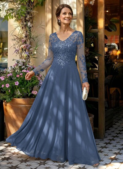 A-Line V-Neck Long Sleeves Floor-Length Chiffon/Sequined Mother Of The Bride Dresses With Sequins