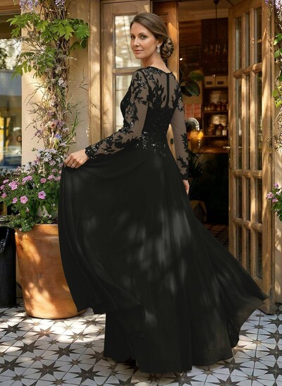 A-Line V-Neck Long Sleeves Floor-Length Chiffon/Sequined Mother Of The Bride Dresses With Sequins