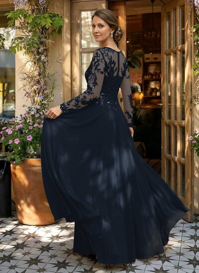 A-Line V-Neck Long Sleeves Floor-Length Chiffon/Sequined Mother Of The Bride Dresses With Sequins