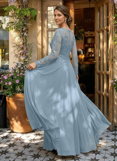 A-Line V-Neck Long Sleeves Floor-Length Chiffon/Sequined Mother Of The Bride Dresses With Sequins