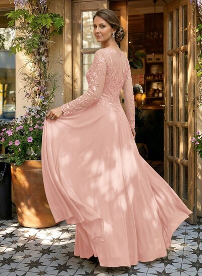 A-Line V-Neck Long Sleeves Floor-Length Chiffon/Sequined Mother Of The Bride Dresses With Sequins