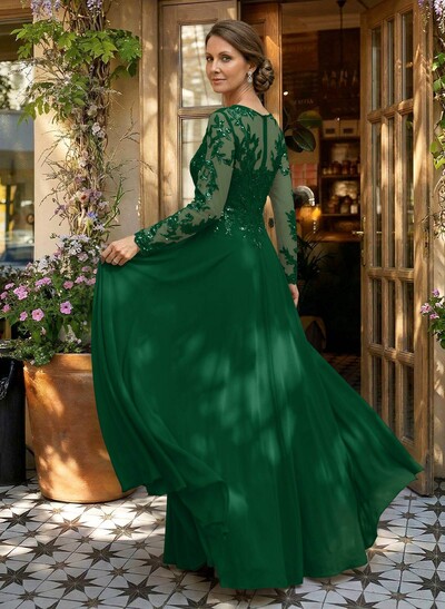 A-Line V-Neck Long Sleeves Floor-Length Chiffon/Sequined Mother Of The Bride Dresses With Sequins