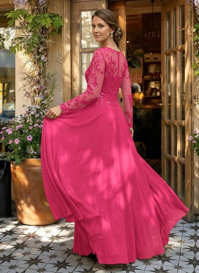 A-Line V-Neck Long Sleeves Floor-Length Chiffon/Sequined Mother Of The Bride Dresses With Sequins