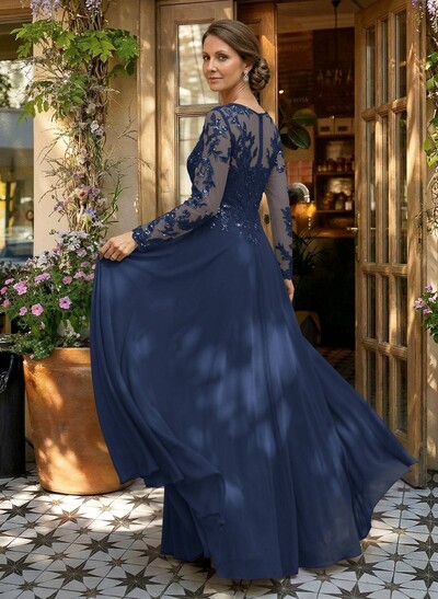 A-Line V-Neck Long Sleeves Floor-Length Chiffon/Sequined Mother Of The Bride Dresses With Sequins
