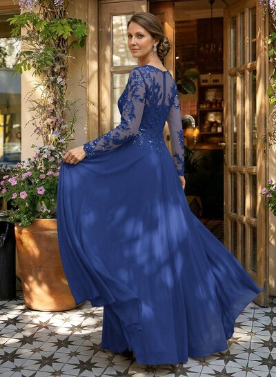 A-Line V-Neck Long Sleeves Floor-Length Chiffon/Sequined Mother Of The Bride Dresses With Sequins