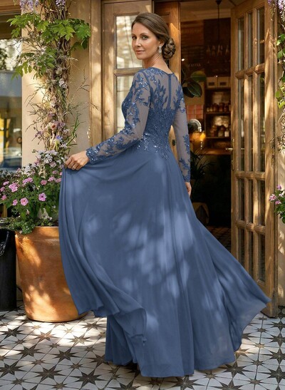 A-Line V-Neck Long Sleeves Floor-Length Chiffon/Sequined Mother Of The Bride Dresses With Sequins