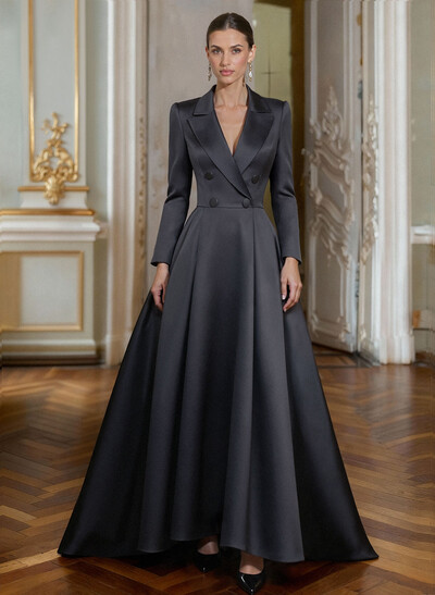 A-Line V-Neck Long Sleeves Floor-Length Satin Mother Of The Bride Dresses