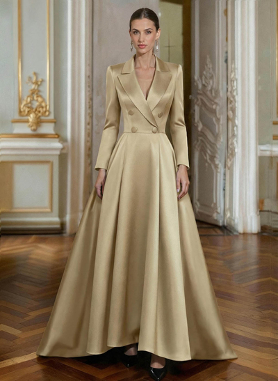 A-Line V-Neck Long Sleeves Floor-Length Satin Mother Of The Bride Dresses