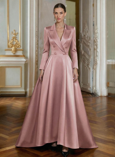 A-Line V-Neck Long Sleeves Floor-Length Satin Mother Of The Bride Dresses