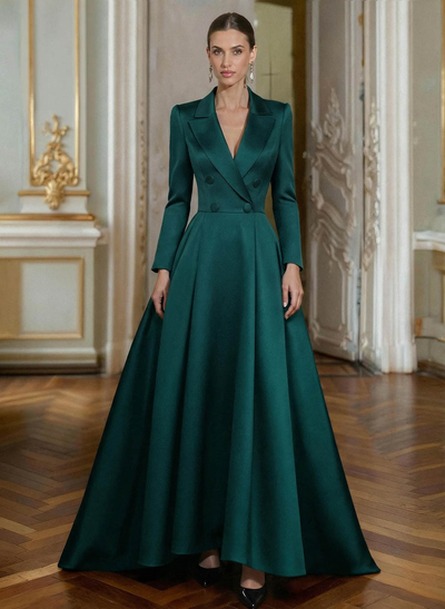 A-Line V-Neck Long Sleeves Asymmetrical Satin Mother Of The Bride Dresses With