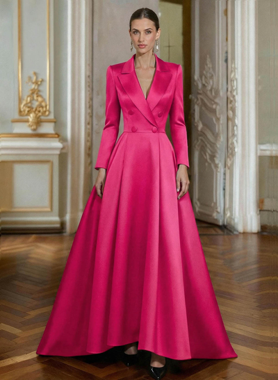 A-Line V-Neck Long Sleeves Floor-Length Satin Mother Of The Bride Dresses