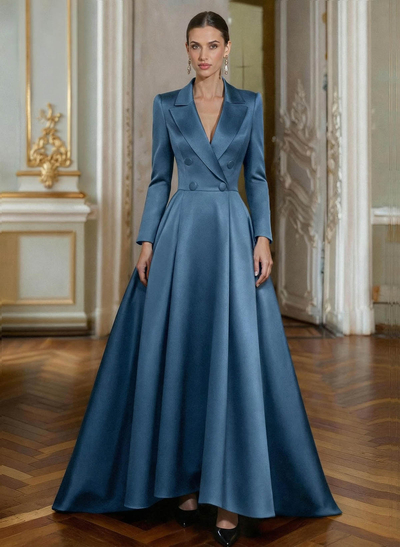 A-Line V-Neck Long Sleeves Floor-Length Satin Mother Of The Bride Dresses