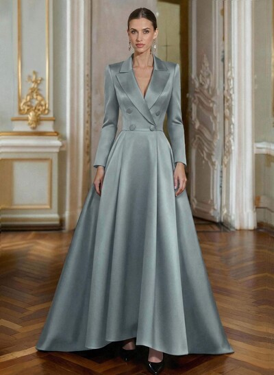 A-Line V-Neck Long Sleeves Asymmetrical Satin Mother Of The Bride Dresses With