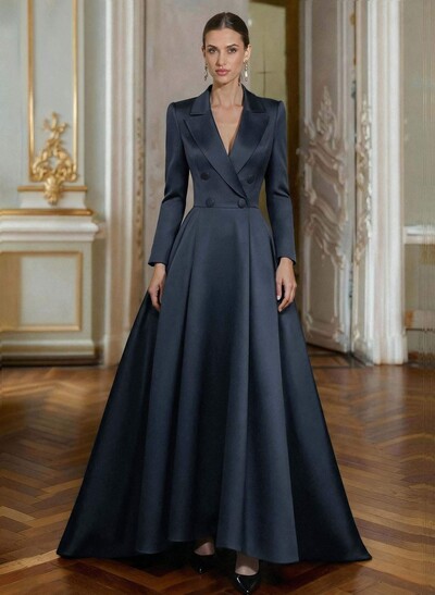 A-Line V-Neck Long Sleeves Asymmetrical Satin Mother Of The Bride Dresses With