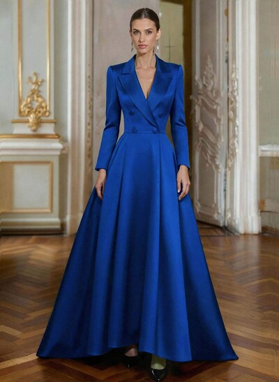 A-Line V-Neck Long Sleeves Asymmetrical Satin Mother Of The Bride Dresses With