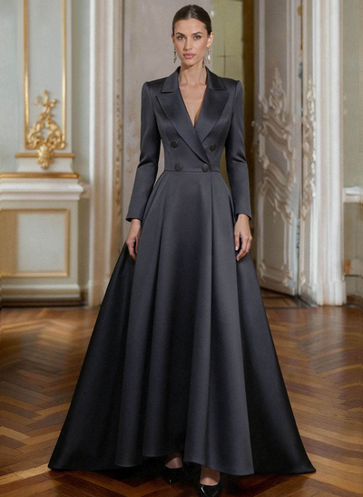 A-Line V-Neck Long Sleeves Asymmetrical Satin Mother Of The Bride Dresses With