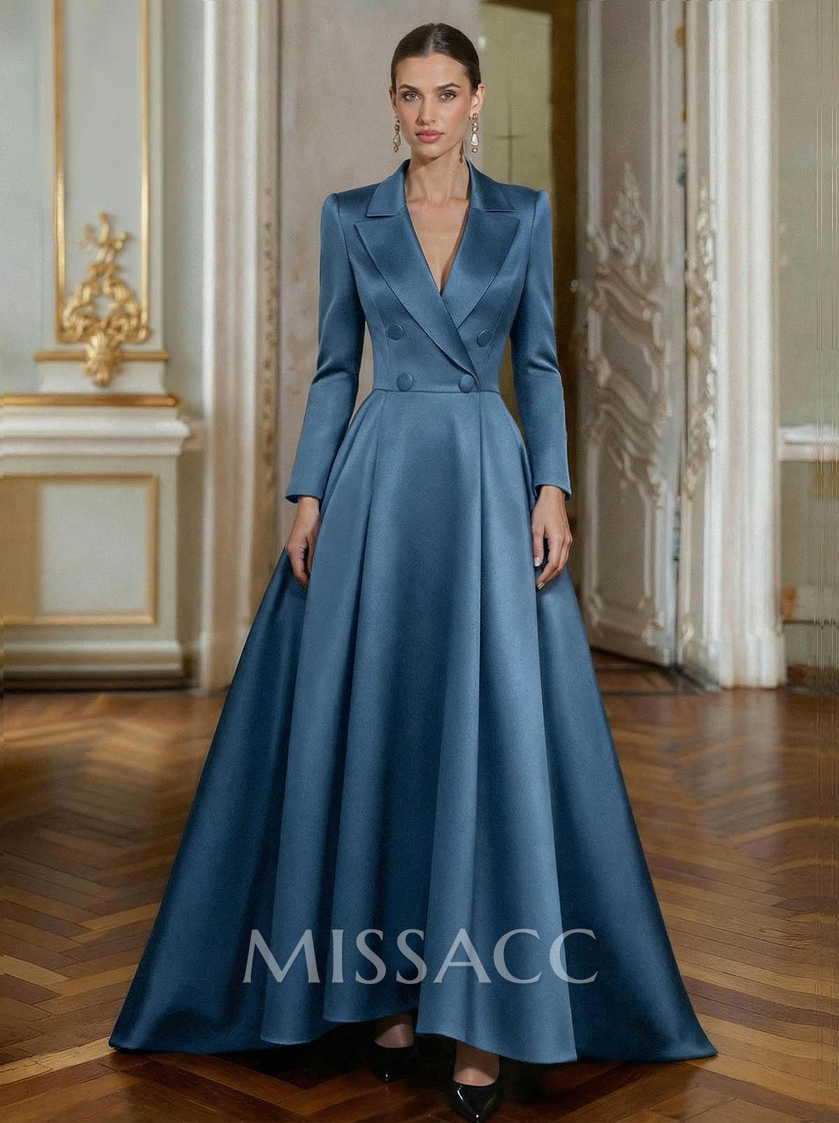 A-Line V-Neck Long Sleeves Asymmetrical Satin Mother Of The Bride Dresses With