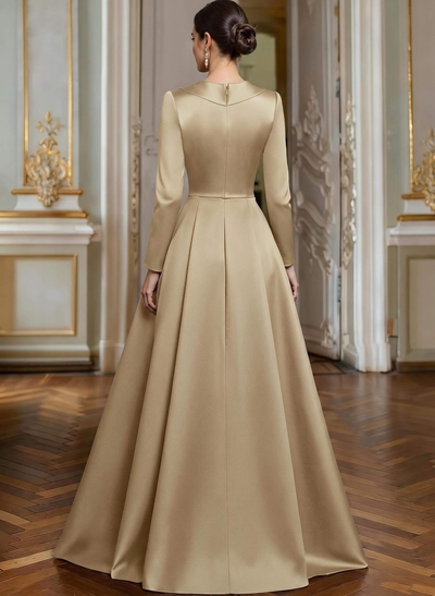 A-Line V-Neck Long Sleeves Asymmetrical Satin Mother Of The Bride Dresses With