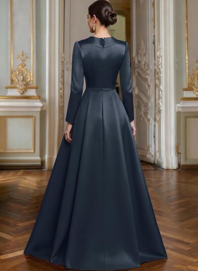 A-Line V-Neck Long Sleeves Asymmetrical Satin Mother Of The Bride Dresses With