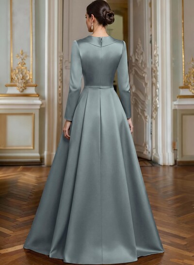 A-Line V-Neck Long Sleeves Asymmetrical Satin Mother Of The Bride Dresses With