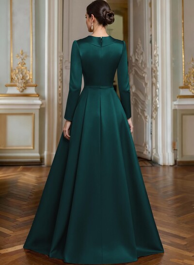 A-Line V-Neck Long Sleeves Asymmetrical Satin Mother Of The Bride Dresses With