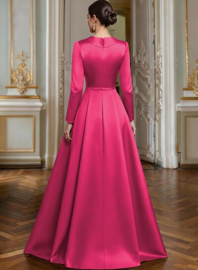 A-Line V-Neck Long Sleeves Asymmetrical Satin Mother Of The Bride Dresses With