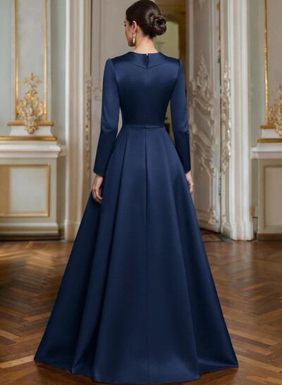 A-Line V-Neck Long Sleeves Asymmetrical Satin Mother Of The Bride Dresses With