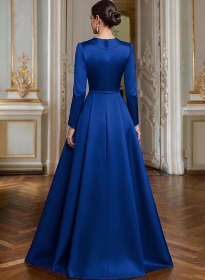 A-Line V-Neck Long Sleeves Asymmetrical Satin Mother Of The Bride Dresses With