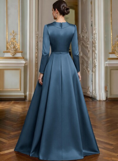 A-Line V-Neck Long Sleeves Asymmetrical Satin Mother Of The Bride Dresses With