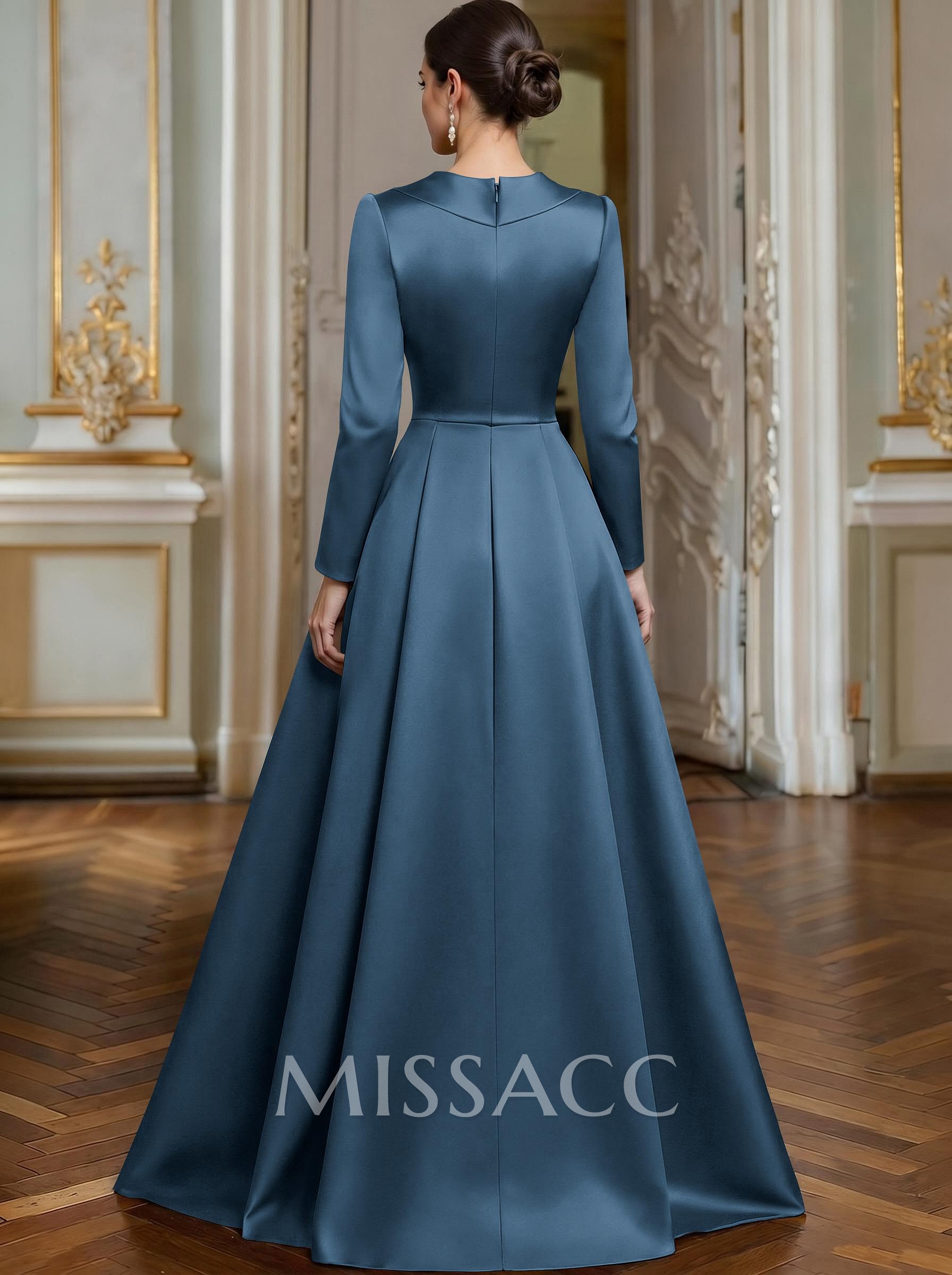 A-Line V-Neck Long Sleeves Asymmetrical Satin Mother Of The Bride Dresses With