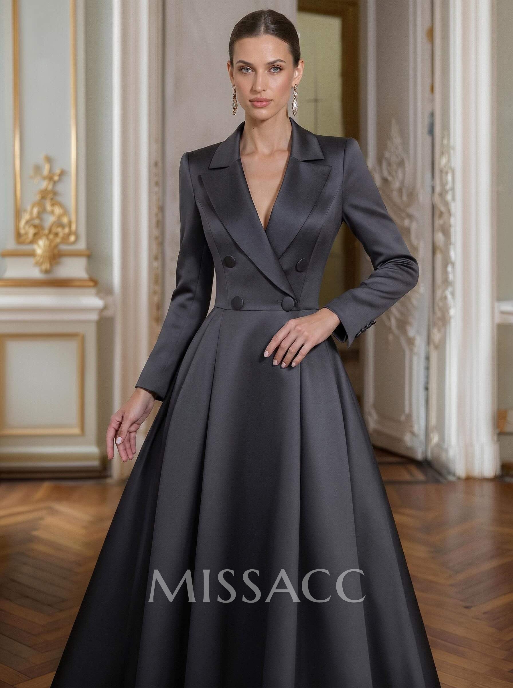A-Line V-Neck Long Sleeves Asymmetrical Satin Mother Of The Bride Dresses With